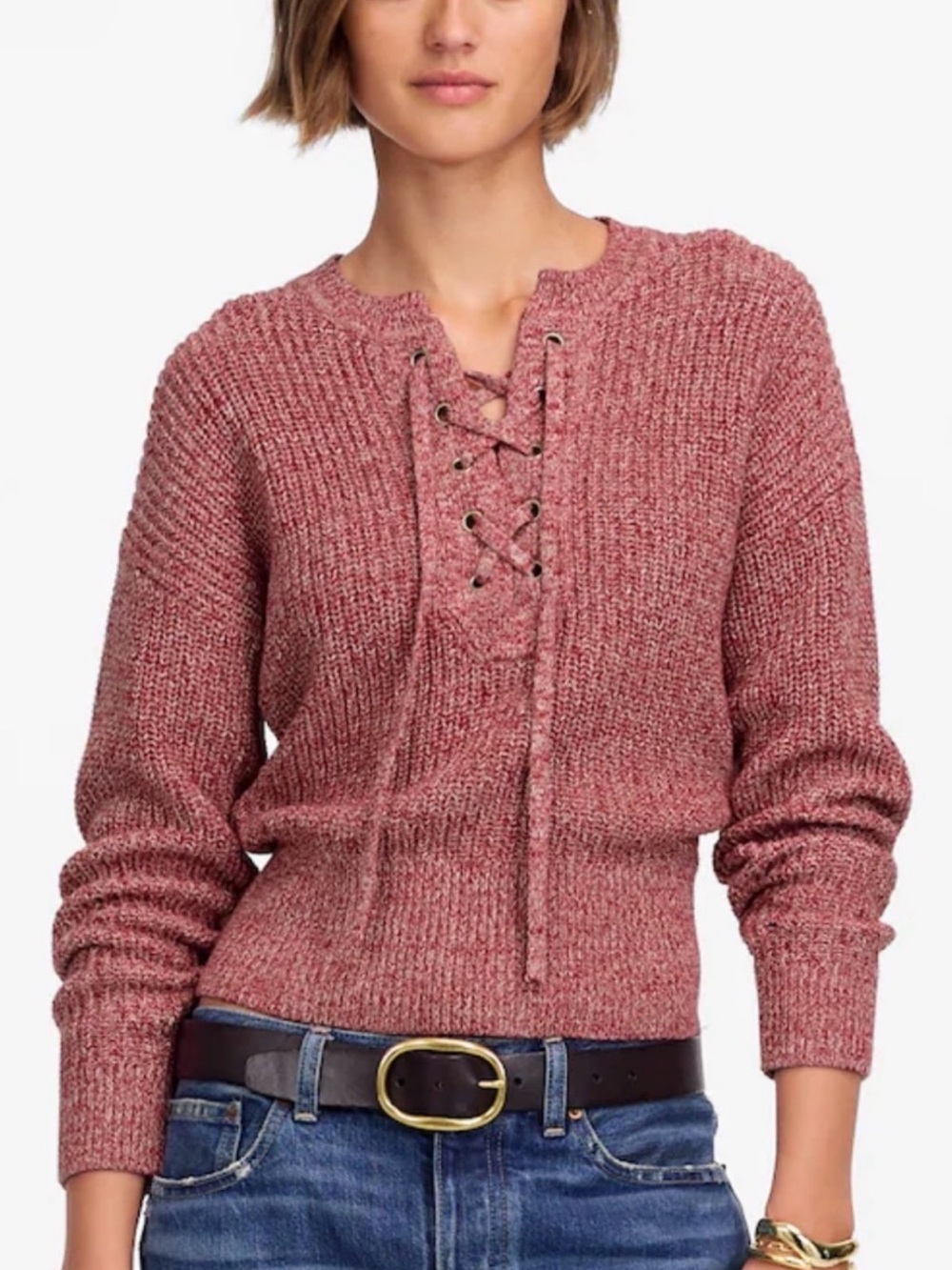 Madewell Fall Lace-Up Ribbed Knit Cotton Red & White Marled Sweater
